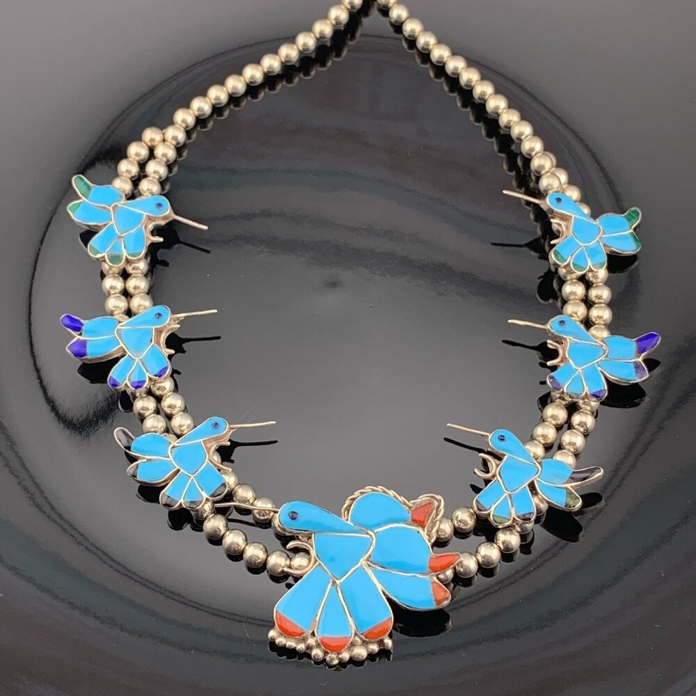 HUMMINGBIRD Sterling Silver Turquoise Inlay Vtg Necklace India Natewa ZUNI J1411